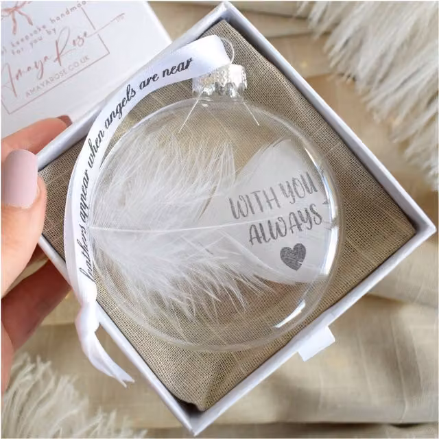 Amaya Rose Ltd With You Always Memorial Feather Round Glass Bauble in Clear and White