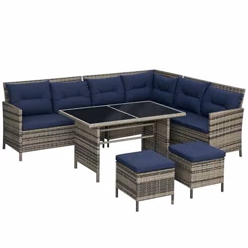 Outsunny 6 Piece L-Shape Rattan Garden Sofa Set with Blue Cushions and Glass Coffee Table