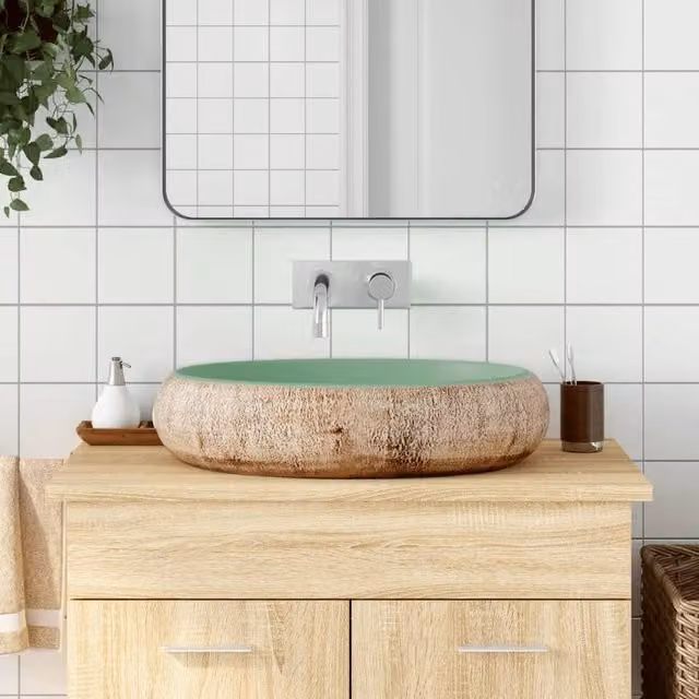 Berkfield Home Oval Ceramic Countertop Basin in Green and Brown, W: 59 cm, D: 40 cm, H: 15 cm