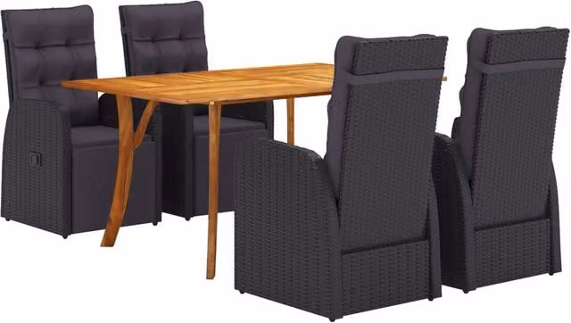 Berkfield Home 5 Piece Garden Dining Set with Cushions in Black Poly Rattan and Brown Acacia Wood – 1