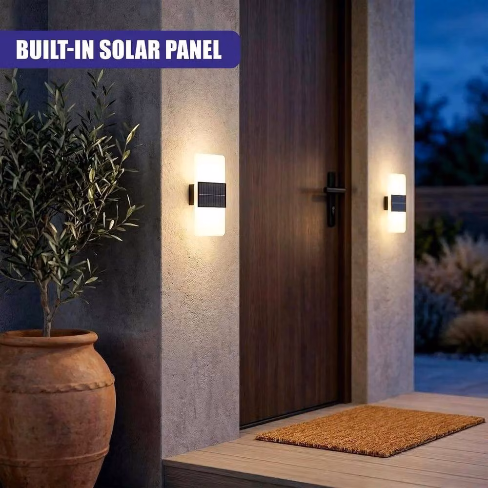 SPETLEK Set of 2 Modern Solar Powered LED Outdoor Wall Lights in Black with White Up and Down Lighting – 5