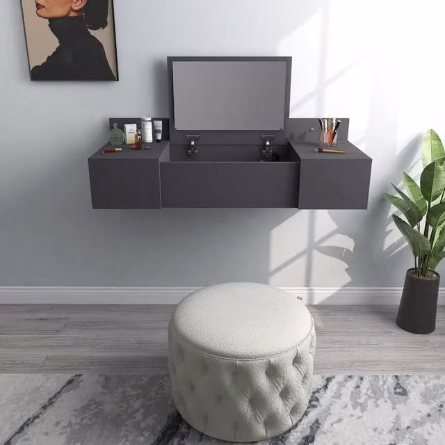 Destina Home Bertus Wall Mounted Makeup Vanity Table with Mirror and Storage in Anthracite Grey, W/D/H: 100 x 39.1 x 33 cm – 2
