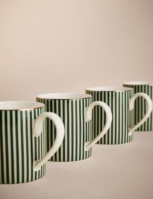 M&S Set of 4 Green Striped Bone China Mugs