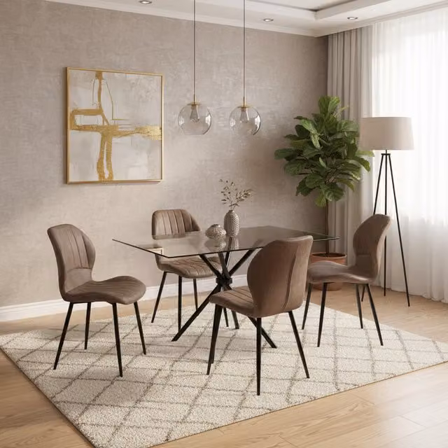Madefor.living Miami Rectangular Glass Dining Table with 4 Jaydn Leather Chairs in Beige, Brown or Transparent