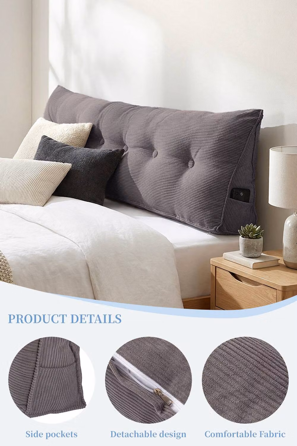 Garden Sanctuary Corduroy Wedge Headboard Pillow with Removable Cover in Dark Grey – 4