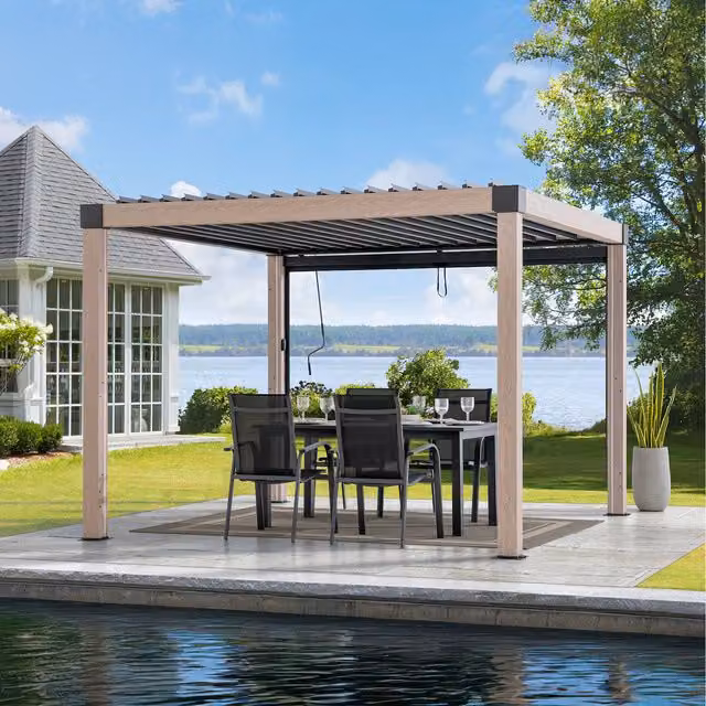 Sunjoy Solar LED Outdoor Aluminium Louvered Pergola in Anthracite Grey, W/D/H: 306 x 306 x 306 cm