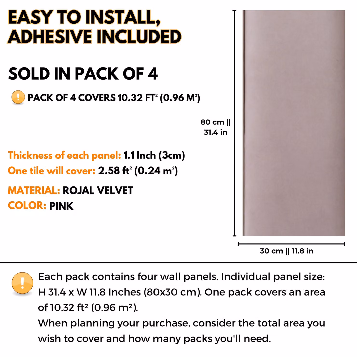 Novecrafto Set of 4 Pink Velvet Upholstered Wall Panels with Adhesive, W: 80 cm, H: 30 cm – 2