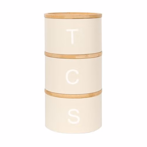 Harbour Housewares 3pc Stackable Airtight Tea Coffee and Sugar Canister Set in Beige with Bamboo Lids