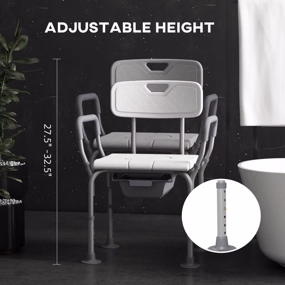 HOMCOM 3 in 1 Height Adjustable Shower Chair with Back and Arms in White – 4