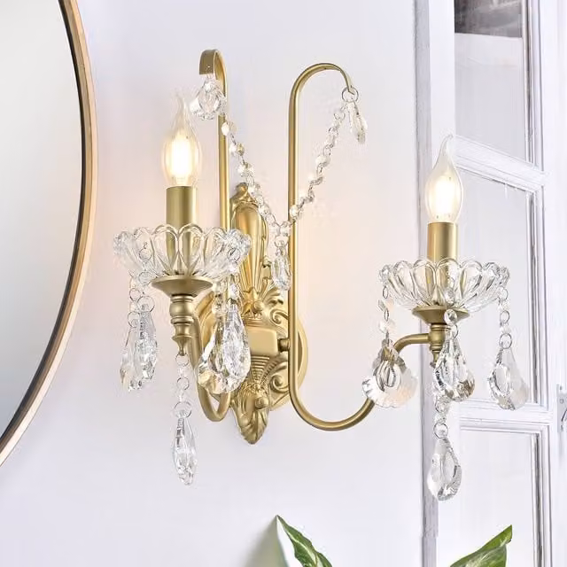 NIVOR 2 Light Crystal Wall Lamp in Gold with Transparent Accents for Hallway and Bedroom, E14