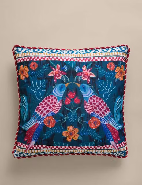 M&S Set of 2 Blue Multicolour Floral Bird Outdoor Square Polyester Cushions with Stain Repellent Finish