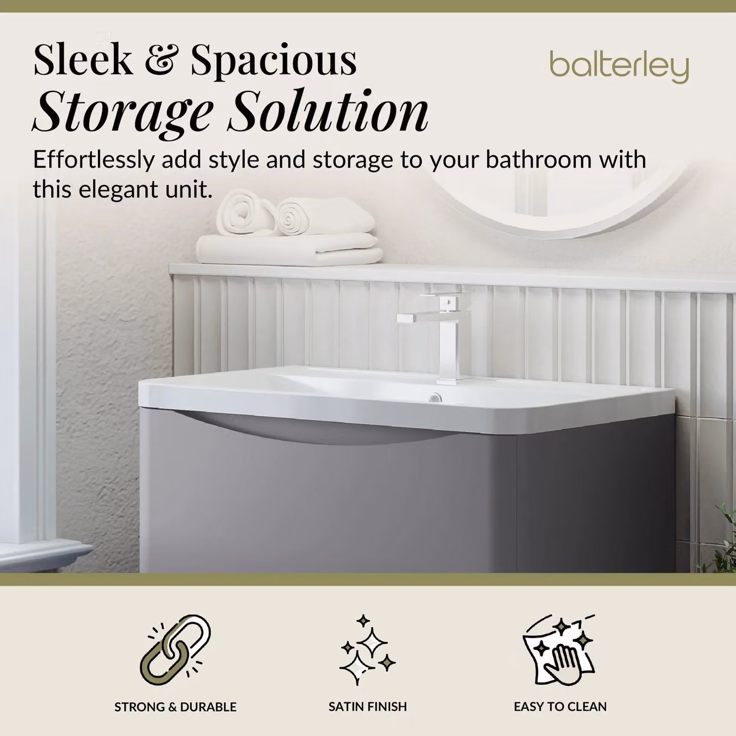 Balterley Modern Grey 2 Drawer Floor Standing Bathroom Vanity Unit and Basin with Soft Close Doors – 2