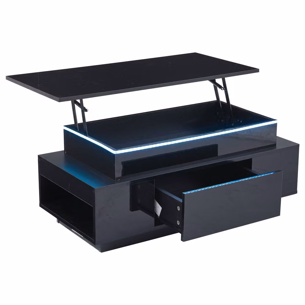 Merax High Gloss LED Lift Top Coffee Table with Hidden Storage and Drawer in Black, W/D/H: 120 x 60 x 45 cm – 6