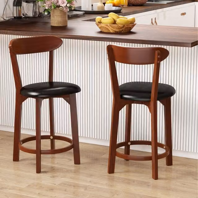 Costway Set of 2 Modern Brown PU Leather and Rubberwood Bar Stools, Height: 92 cm