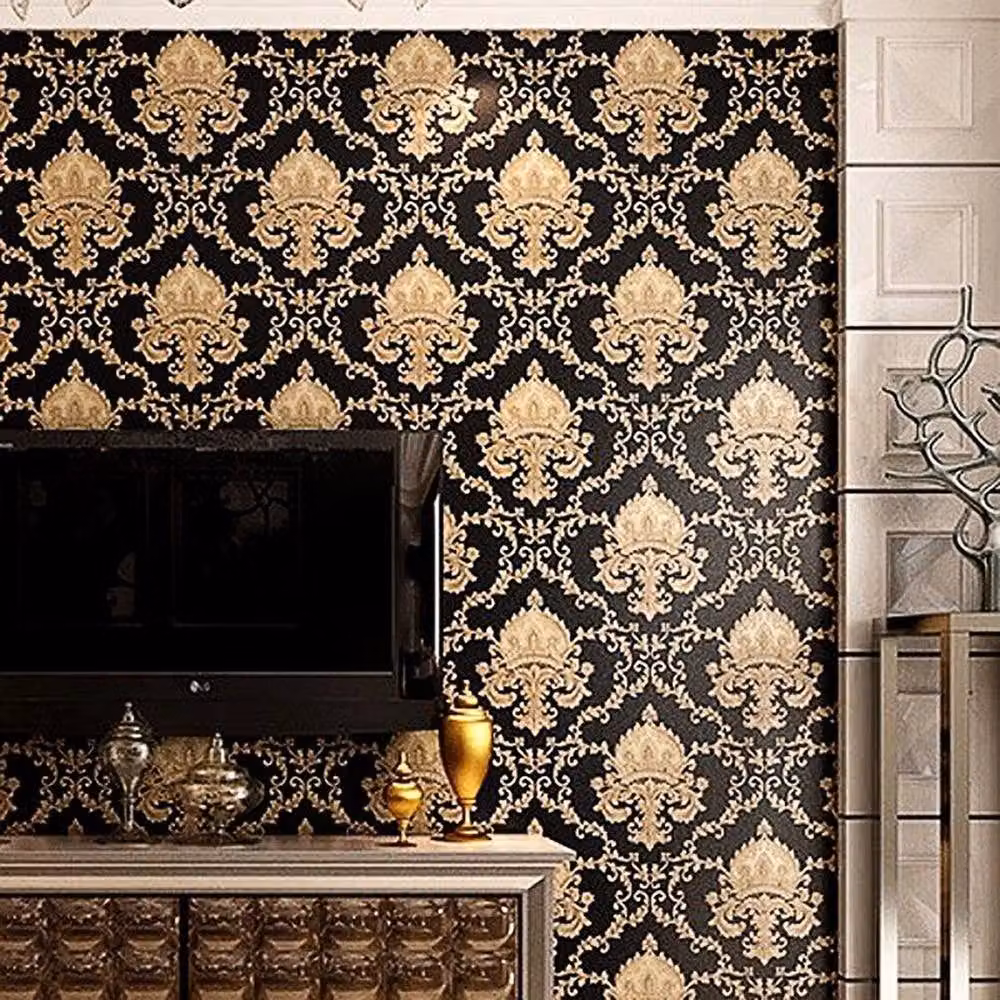 KORVIXA Gold Luxury Damask Embossed Vinyl Wallpaper Roll with Floral Abstract Design, 0.6 m2 – 5