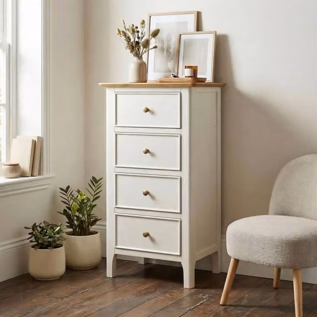 FurnitureboxUK Belle 4 Drawer Tall Small Chest of Drawers in Solid Oak and Cream