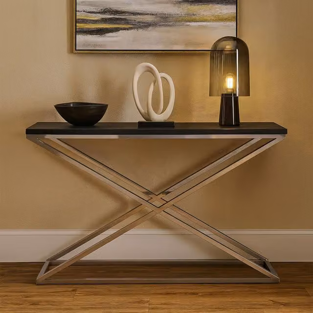 Orsina Criss Cross Contemporary Console Table in Black and Silver Metal