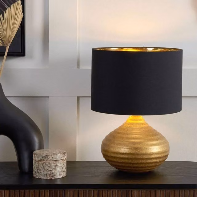 Wyld and Coco Gold Ceramic Table Lamp with Fabric Shade, Height: 42 cm – 1