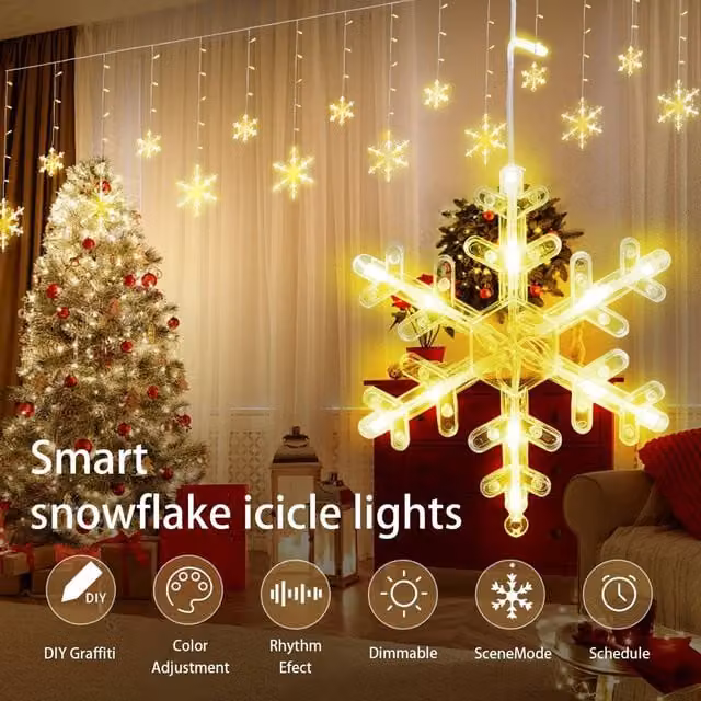 Bright Zeal RGB Smart Snowflake Icicle Lights with 156 LEDs, App and Music Sync, White