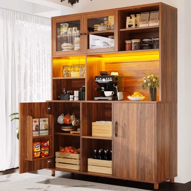 Aosom UK Walnut Brown Tall Cabinet with Silent Sliding Toughened Glass Doors and LED Lighting, W: 40 cm, D: 140 cm, H: 185 cm – 1