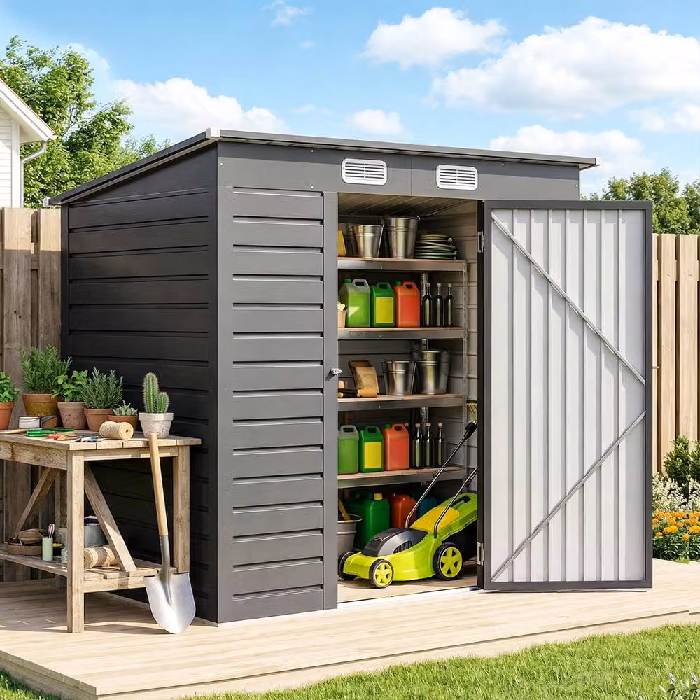 Rolipo Grey Galvanised Metal Pent Garden Shed with Locking Double Doors – 3