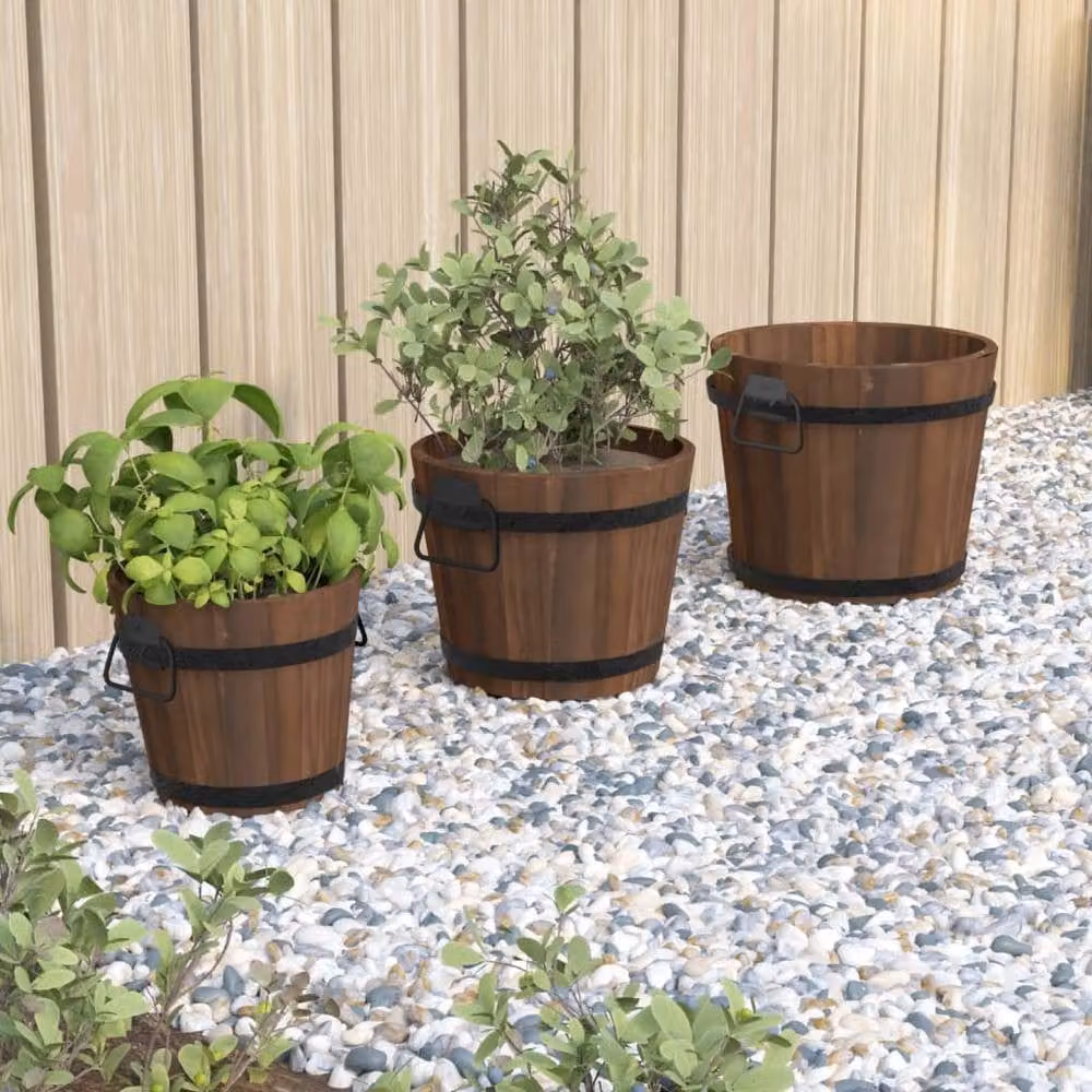 Berkfield Home Beautiful 3 Piece Solid Wood Fir Bucket Planter Set in Brown – 2