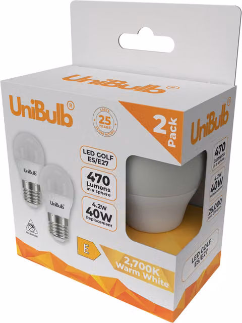 UniBulb LED Golf Ball E27 Light Bulb, 940lm, 2700K Warm White