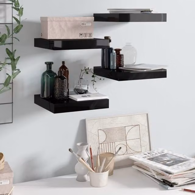 Berkfield Home Floating Wall Shelves, 4 Piece Set, High Gloss Black, W/D/H: 23 x 23.5 x 4 cm