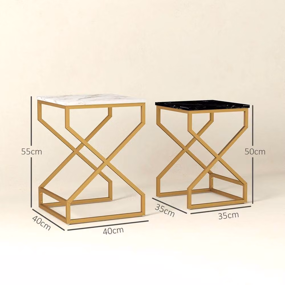 FORGEVIO Set of 2 Nest of Tables with Marble Pattern and X-Frame Metal Design in Black, White and Multicolour – 2
