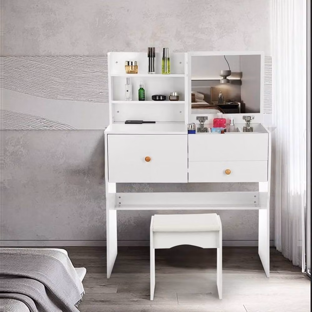 FORGEVIO Modern White Dressing Table with Mirror and Chair Set – 2