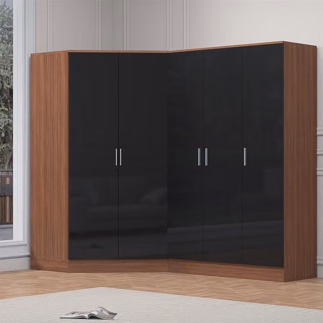 Reflect 2 Piece Wardrobe Bundle with Corner and 3 Door Units in Black Gloss and Walnut Finish, H 180 cm x W 215 cm x D 103 cm