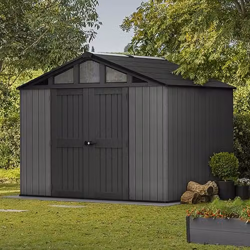 Keter Stronghold 10x8 Garden Shed in Grey with Steel-Reinforced Evotech Resin, Double Doors and Windows – 3