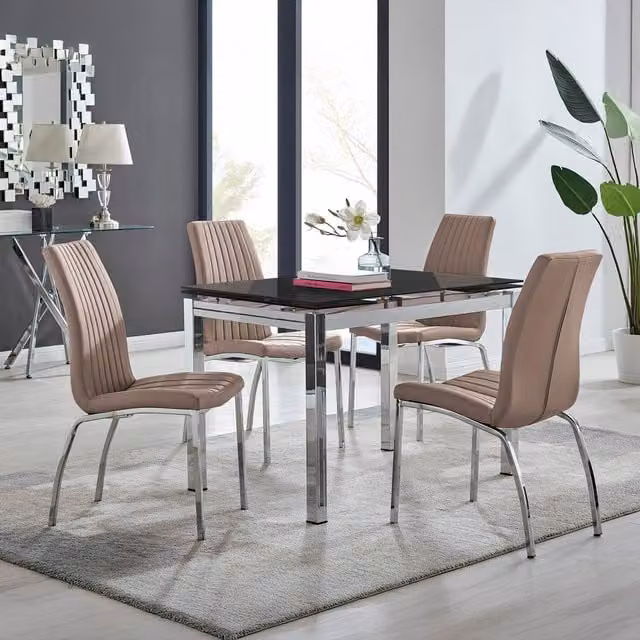 FurnitureboxUK Enna Black Glass Extending Dining Table and 4 Isco Chairs in Cappuccino