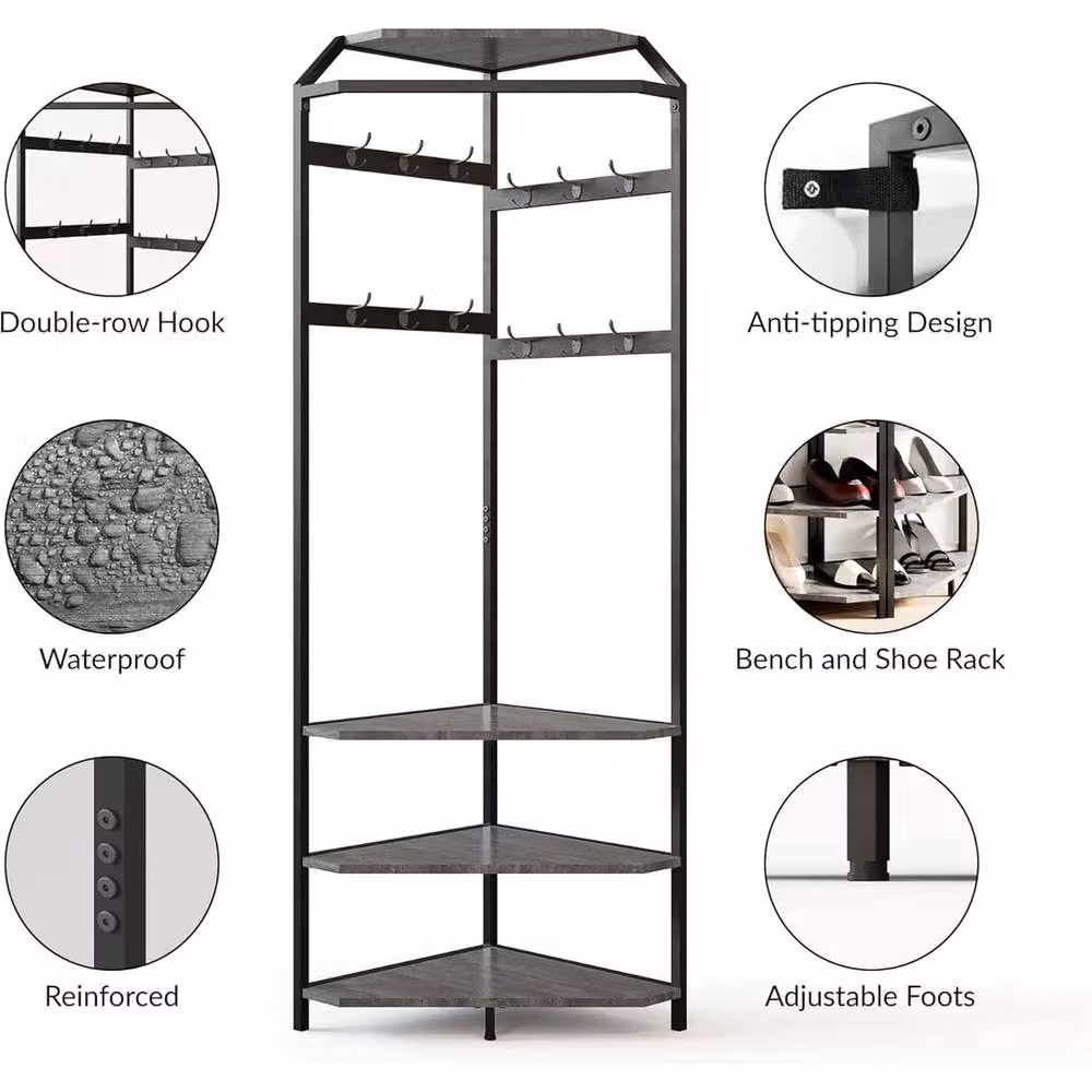 FORGEVIO Industrial Space Saving Corner Hall Tree with Shoe Bench and Coat Rack in Grey – 3