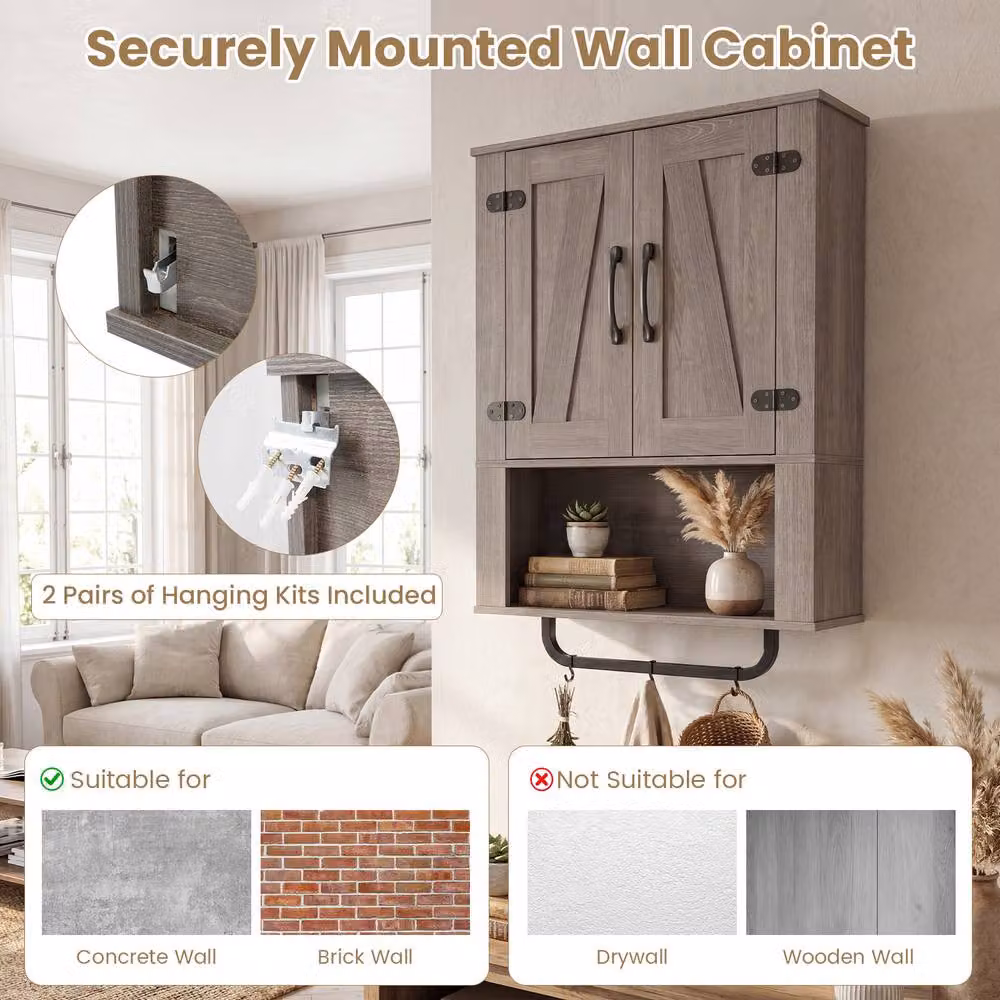 Costway Grey Rustic Wooden Wall Mounted Bathroom and Kitchen Storage Cabinet with Internal Shelves and Hinged Doors – 5