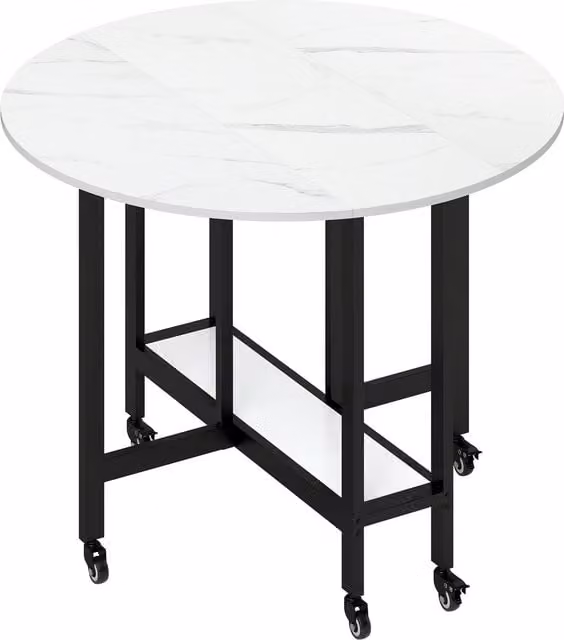 HOMCOM White Marble Drop Leaf Folding Dining Table with Open Shelf and Castors