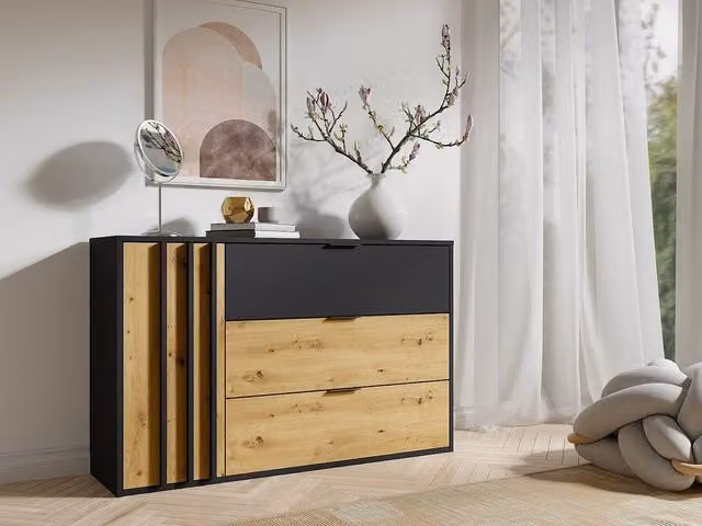 Vente-unique TUNALO Chest of Drawers with 3 Drawers and 1 Door in Black and Natural, H 125 x W 79.7 x D 36.5 cm – 1