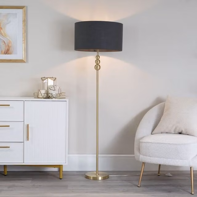 ValueLights Marissa Gold Stacked Ball Floor Lamp with Charcoal Grey Fabric Drum Shade – 1