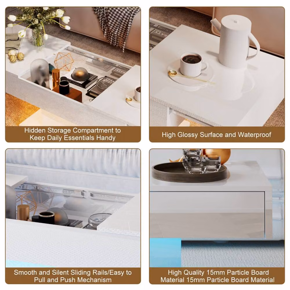 KEEPREAPER Modern Rectangular Coffee Table with Sliding Top and Hidden Storage in Glossy White – 5