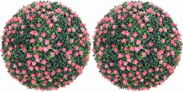 HOMCOM Set of Two Pink and Green Artificial Round Boxwood Hanging Plants