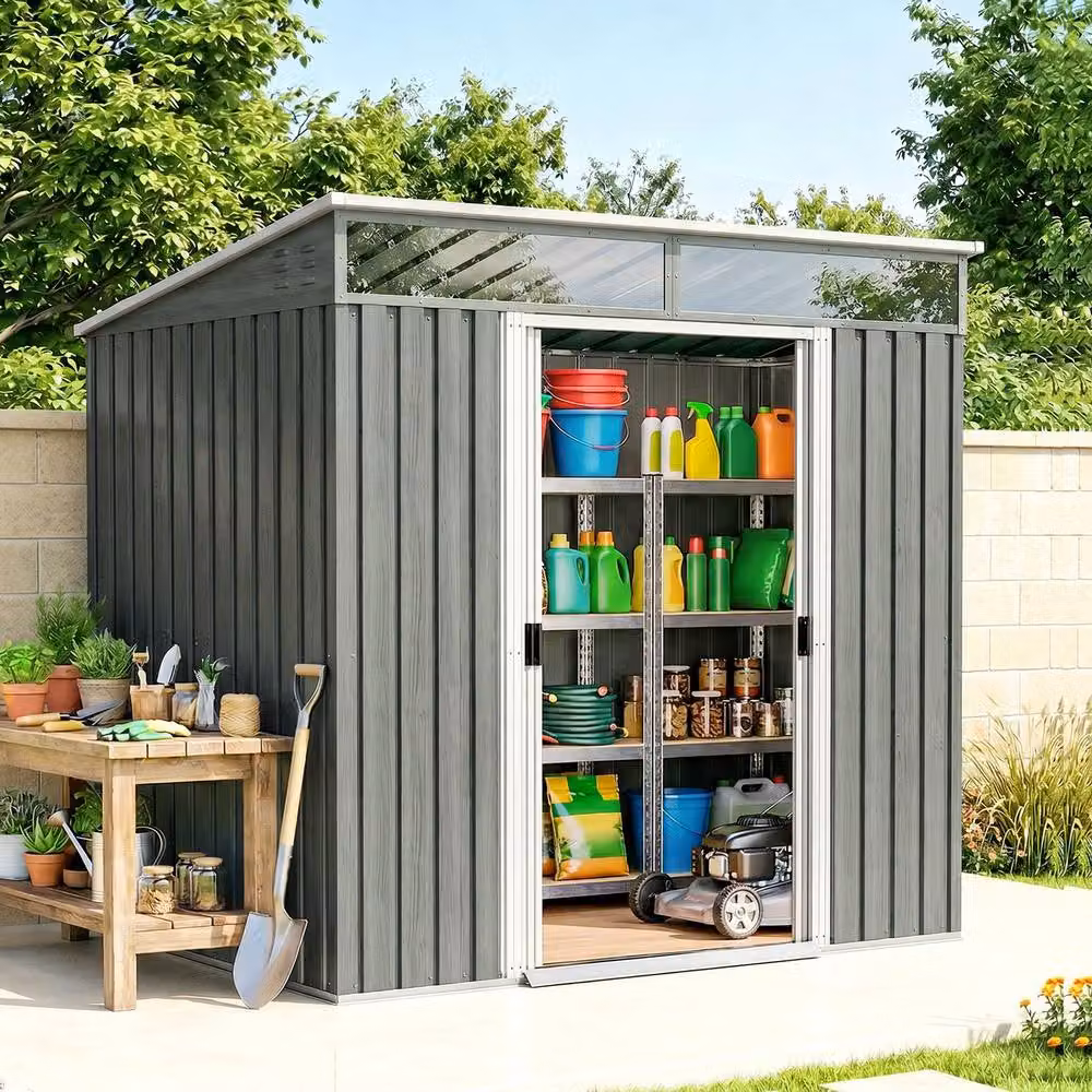 Rolipo Galvanised Metal Shed with Foundation, Window and Sliding Doors, Light Grey, W: 198 cm, D: 200 cm, H: 182 cm – 3