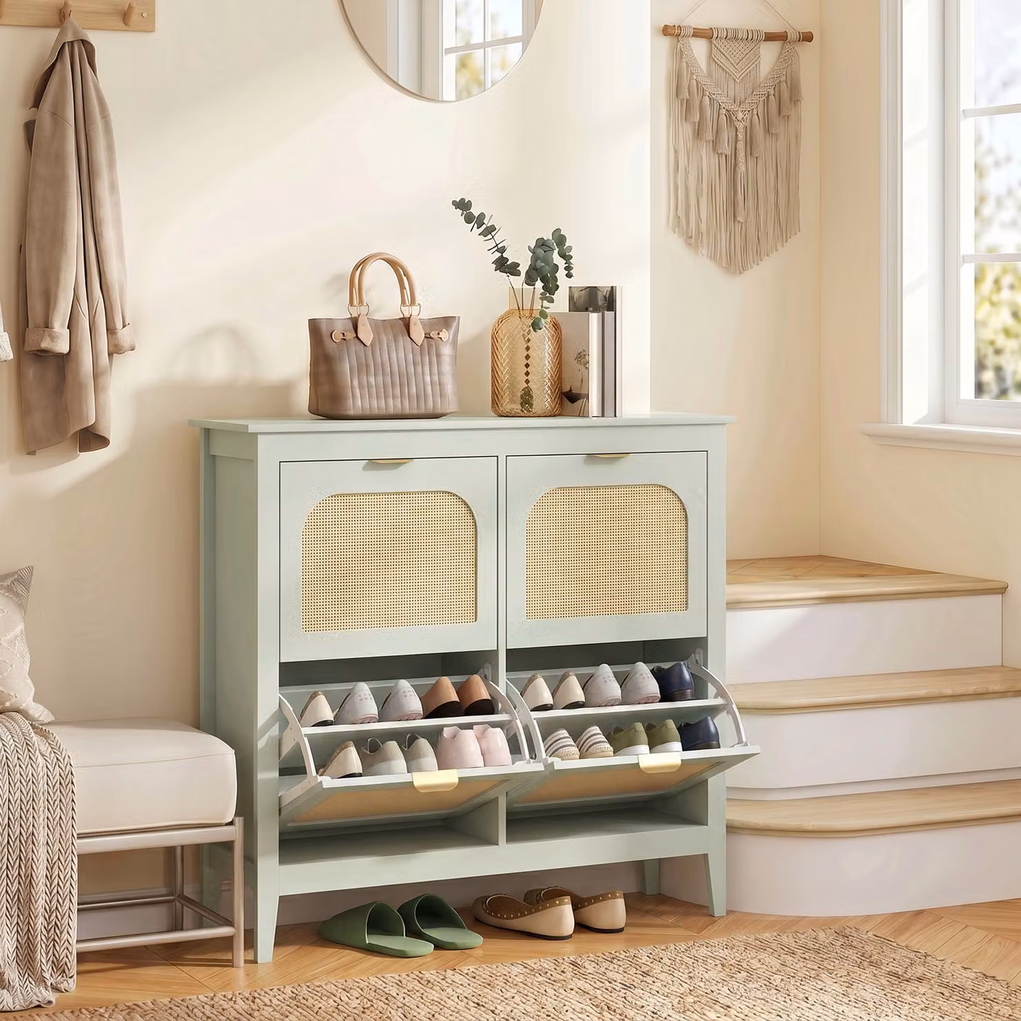 HOMCOM Boho Slim Shoe Storage Cabinet in Light Green with 4 Rattan Tilting Drawers, Holds 20 Pairs – 2