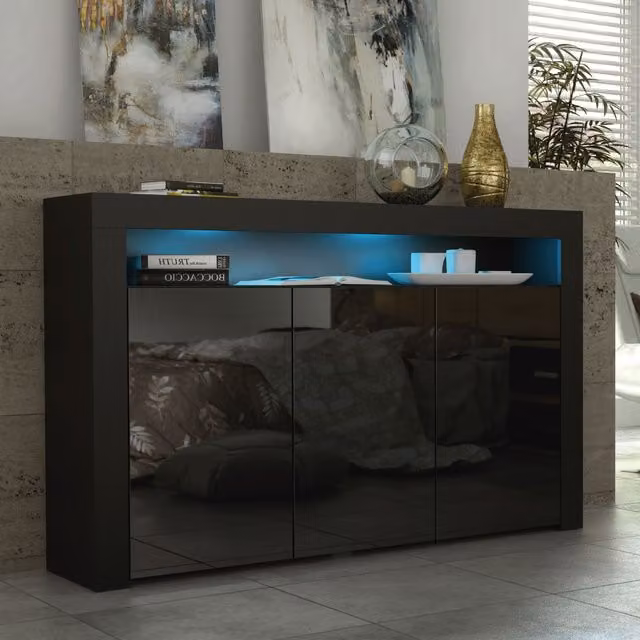 Mex Furniture LTD Modern Black Gloss Sideboard with Integrated LED Lighting, W: 155 cm, H: 92 cm, D: 40 cm – 1
