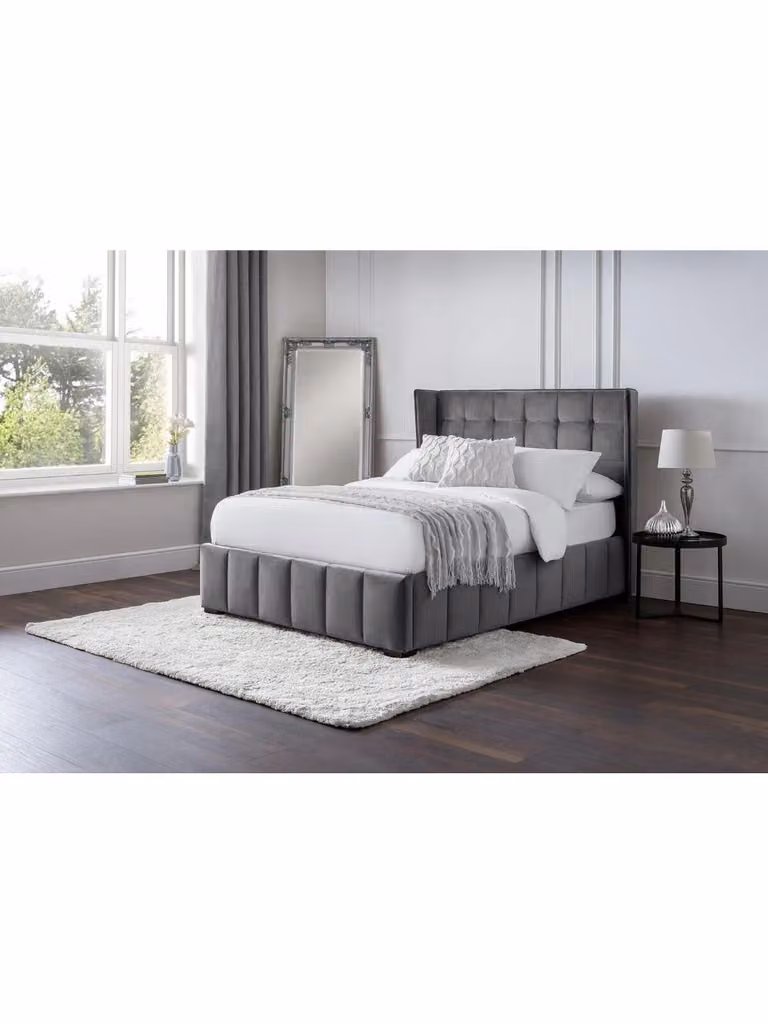 Julian Bowen Gatsby Upholstered Velvet King Bed in Grey, H 128 cm x W 180 cm x D 215 cm