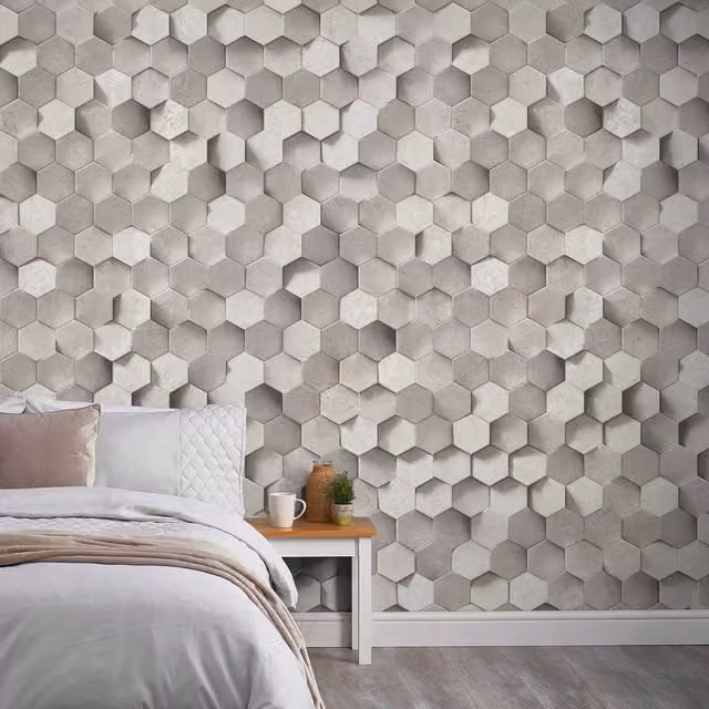 Grandeco Hexagon 3 Lane Repeatable Textured Wallpaper Mural in Grey