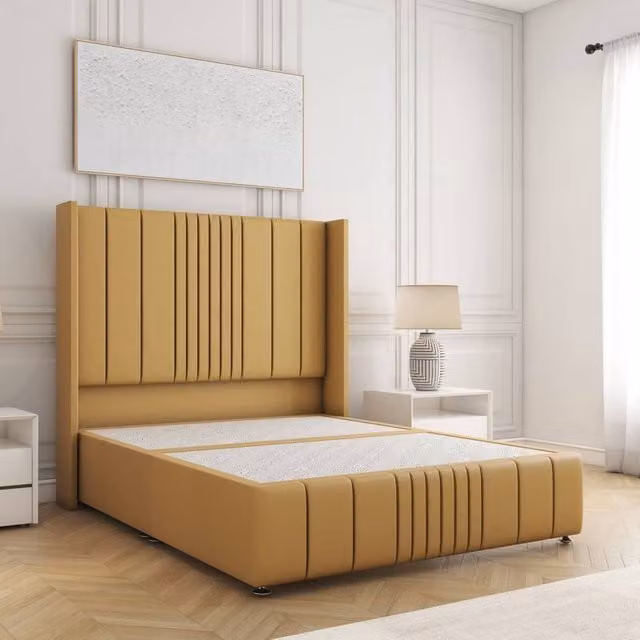 BSSPOKE Elise Double Divan Bed with 54 inch Plush Velvet Headboard in Mustard Yellow