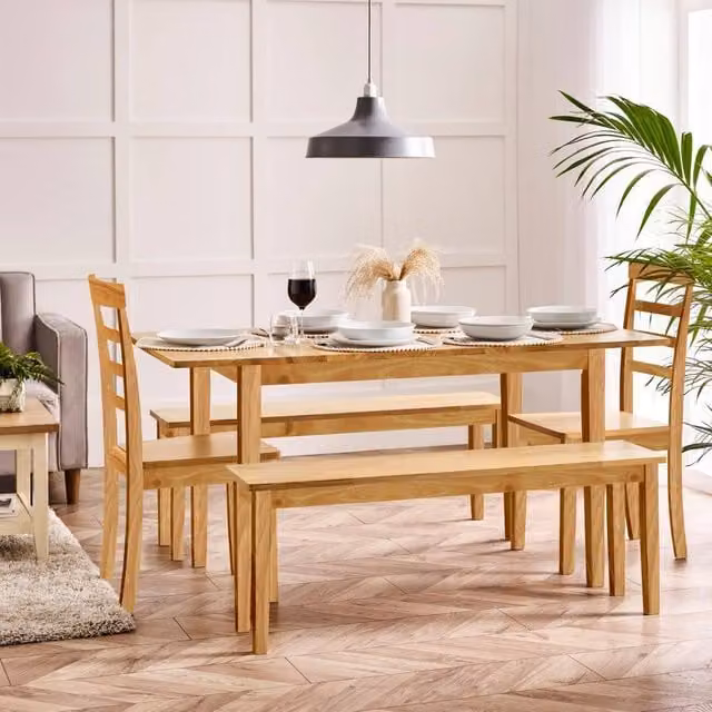 FurnitureboxUK Salcombe Extending Oak Effect Dining Set with 2 Chairs and 2 Benches in Brown
