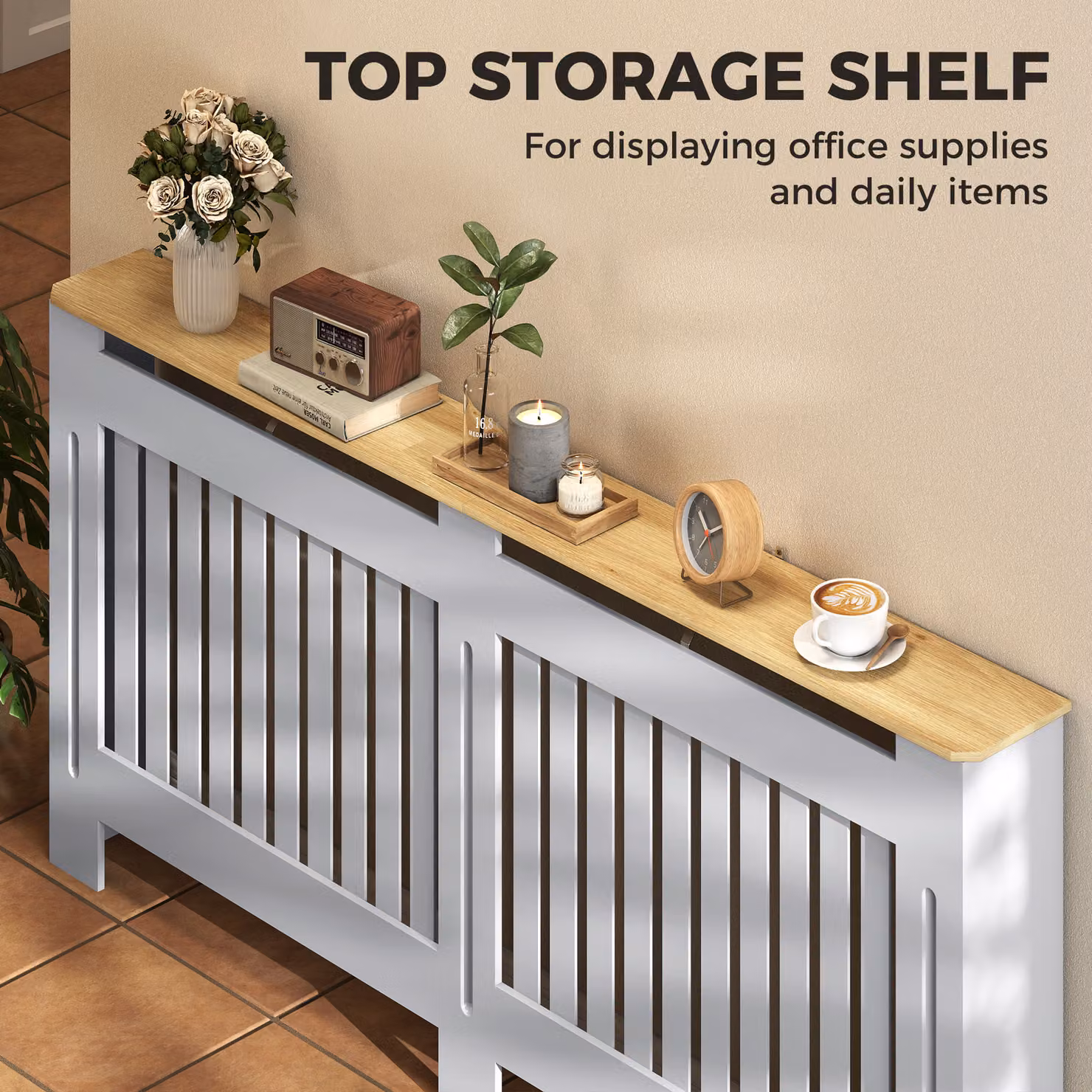 HOMCOM Grey Slatted Radiator Cover Painted MDF Cabinet with Line Grill Design, W: 172 cm, D: 19 cm, H: 81 cm – 3