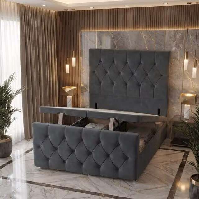 Somnior Ziggy Plush Velvet Storage Ottoman Divan Base with Headboard and Footboard, Grey, W/D/H: 200 x 200 cm