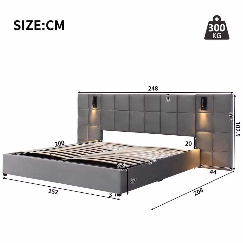 Matteo Grey King Size Velvet Bed with Hydraulic Storage, USB Charging Port and Integrated Reading Light, W/D/H: 180 x 200 x 102.5 cm – 4